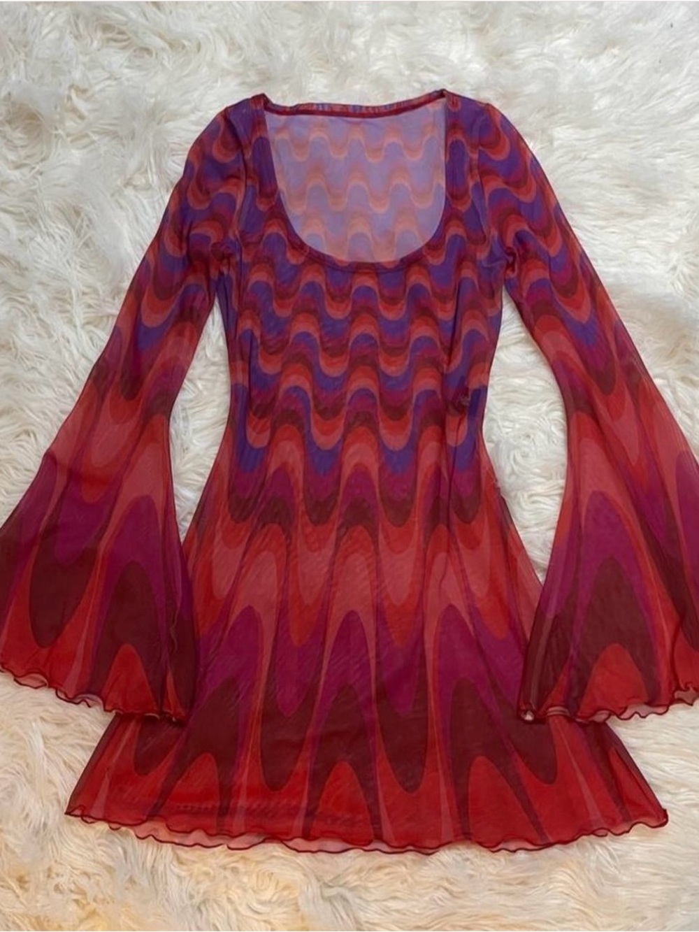 Sheer Wave-Print Bell Sleeve Dress in Red and Purple